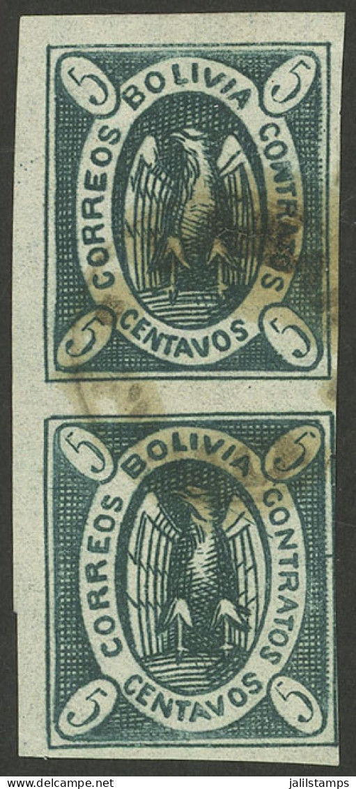 BOLIVIA: Sc.2, 1867/8 Condor 5c., Vertical Pair In Bluish Green Printed On Thin Paper, With Cancel Of LAMAR, Very Fine Q - Bolivie