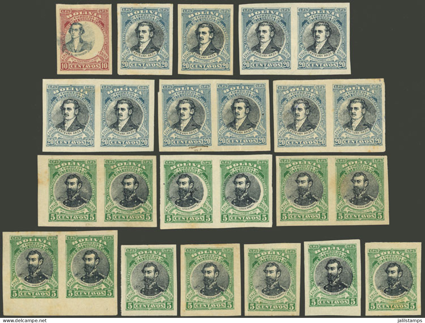 BOLIVIA: Sc.92a, 93a, 94a, Lot Of IMPERFORATE Singles And Pairs, Mint With Or Without Gum, SEVERAL WITH WATERMARK, In Ge - Bolivia