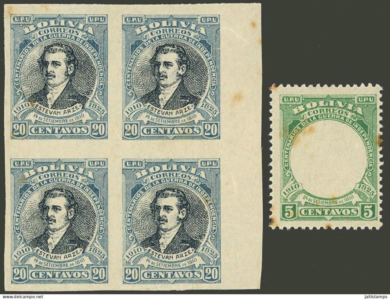 BOLIVIA: Sc.92 + 94, The Former With Variety CENTER OMITTED And The Other One In Imperforate Block Of 4, Both With Stain - Bolivie