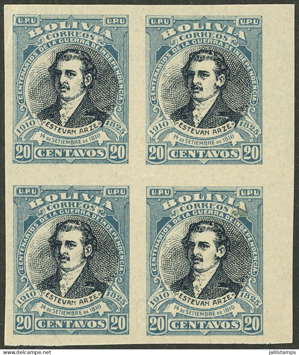 BOLIVIA: Sc.94a, 1910 Arze 20c., Imperforate Block Of 4, The Bottom Stamps WITH WATERMARK, VF Quality! - Bolivia