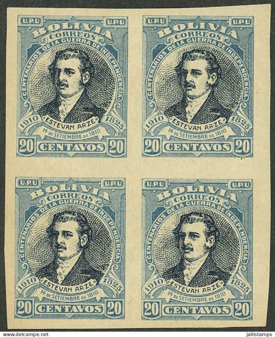 BOLIVIA: Sc.94a, 1910 Arze 20c., Imperforate Block Of 4, VF Quality! - Bolivie
