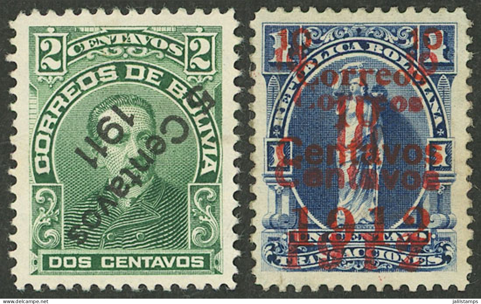 BOLIVIA: 2 Stamps Of 1911/2 With Varieties: Inverted And Double Overprint, Mint Without Gum, VF Quality! - Bolivia