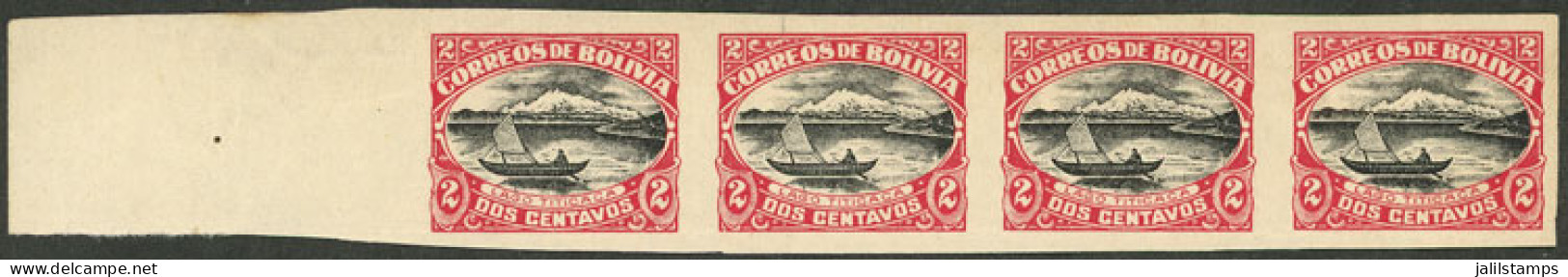 BOLIVIA: Yvert 106, 1916 2c. Titicaca Lake, IMPERFORATE Strip Of 4, With Minor Defects On Gum, Good Front, Low Start! - Bolivia