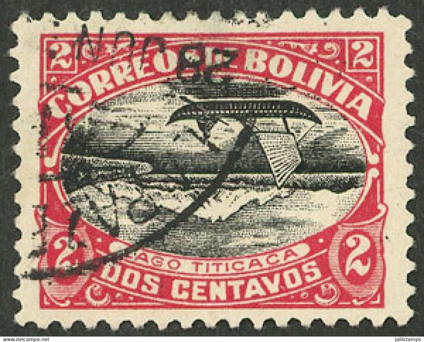 BOLIVIA: Sc.113c, 1916/7 2c. Titicaca Lake With CENTER INVERTED Variety, Used, VF Quality, Rare! - Bolivië