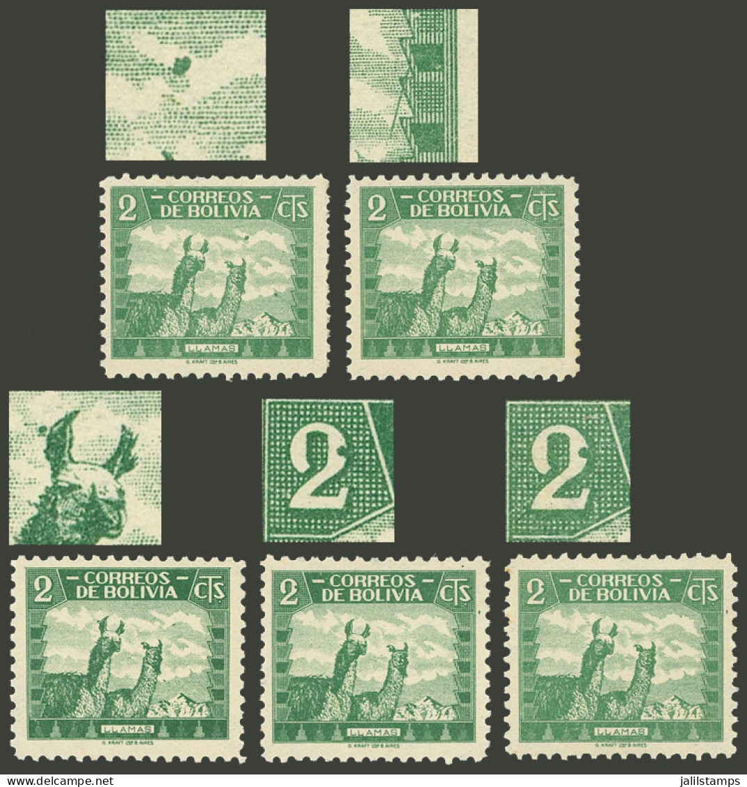 BOLIVIA: Yv.222, 1939 2c. Llama, 4 Stamps With Varieties "spot Above The Second Llama", "diagonal Line Over The Right In - Bolivien