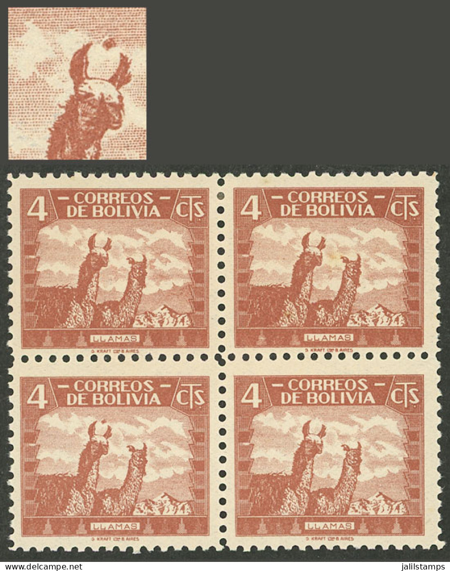 BOLIVIA: Yvert 223, 1939 4c. Llama, Block Of 4, One With Variety "spot Between The Ears Of The First Llama", VF Quality! - Bolivia