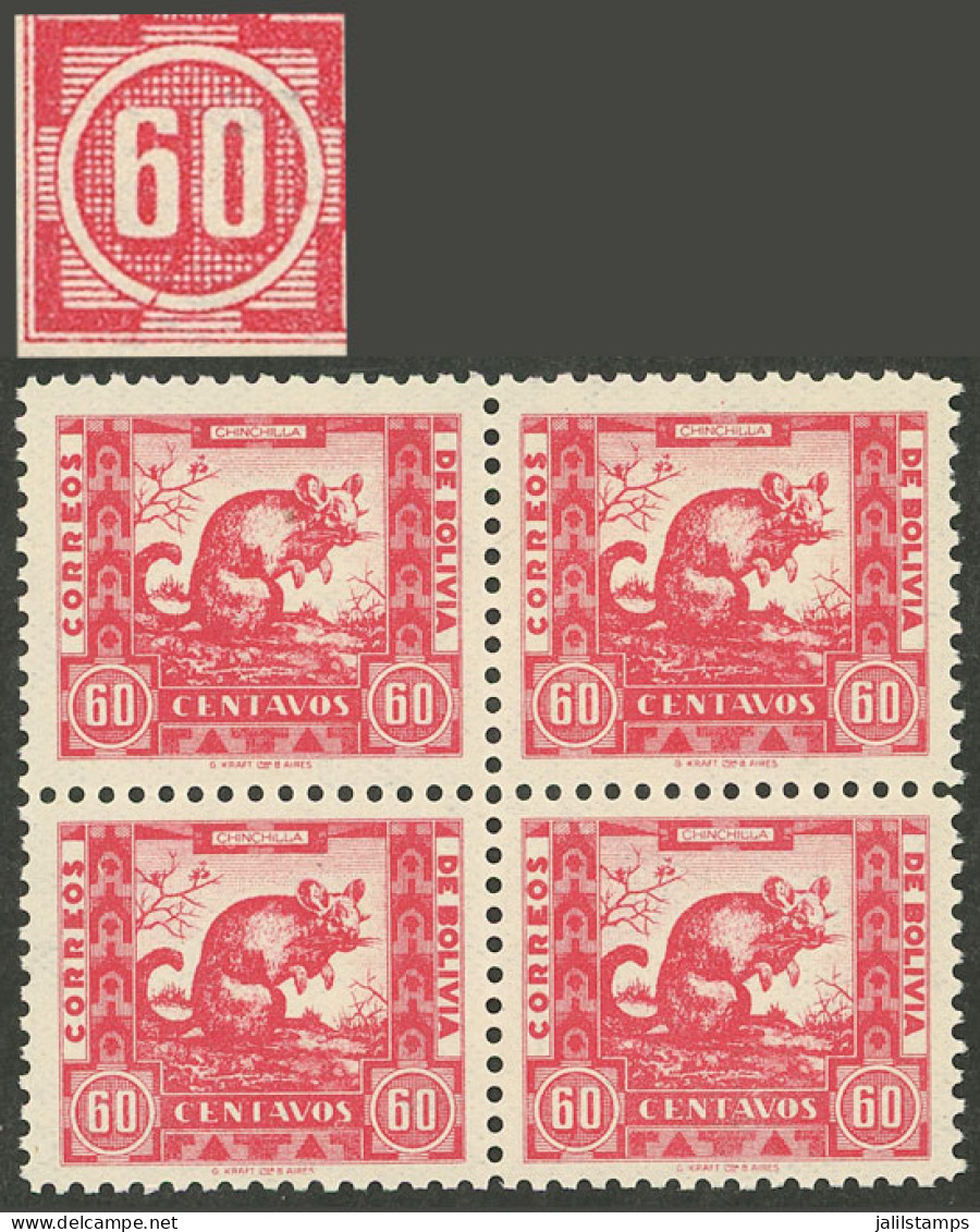 BOLIVIA: Yvert 232, 1939 60c. Chinchilla, Block Of 4, One With Variety "comma Between 6 And 0 Of Left 60", VF Quality!" - Bolivië
