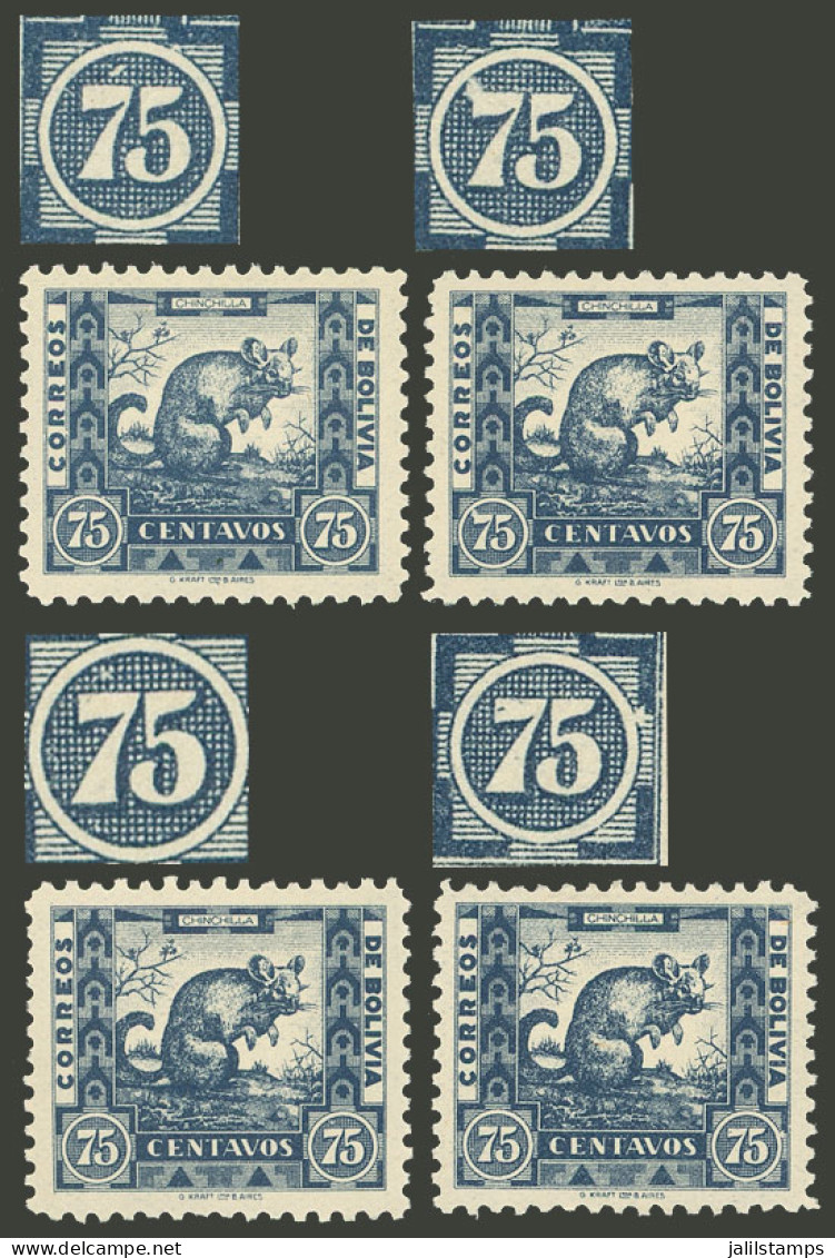 BOLIVIA: Yvert 233, 1939 75c. Chinchilla, 4 Stamps With Varieties: Accent Above The Left 7", "spot On The Left 7", "whit - Bolivien