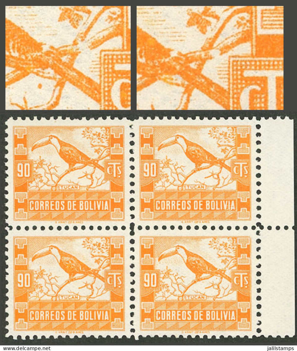 BOLIVIA: GJ.234, 1939 90c. Toucan, Block Of 4, The Bottom Stamps With "broken Branch" Variety, Mint Without Gum, VF!" - Bolivia