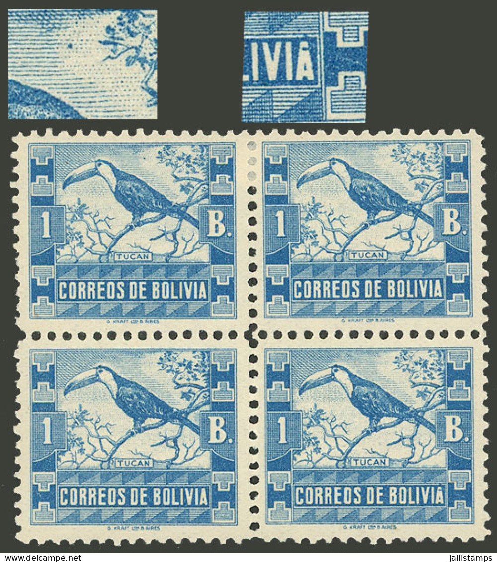 BOLIVIA: GJ.235, 1939 1B. Toucan, Block Of 4, One With The Variety "spot Over The A Of BOLIVIA" And Another One "spot On - Bolivia