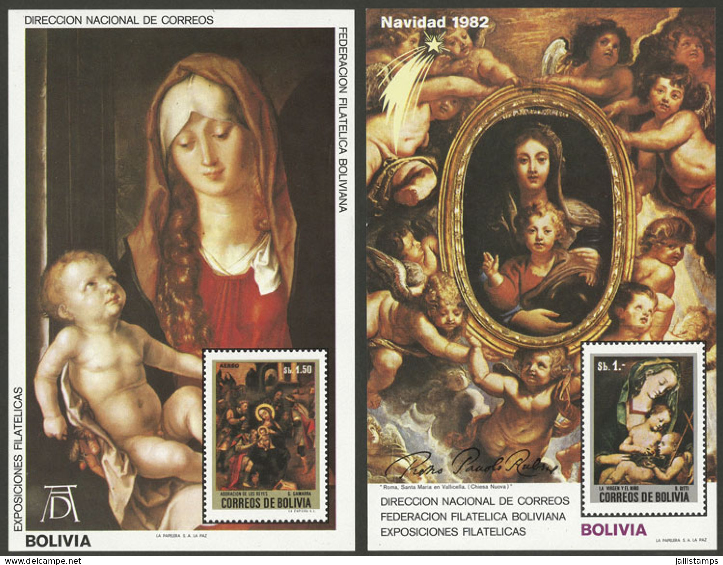 BOLIVIA: Year 1982, Christmas (religious Paintings), Set Of 2 MNH Souvenir Sheets, Scott Catalog Value US$125 - Bolivie