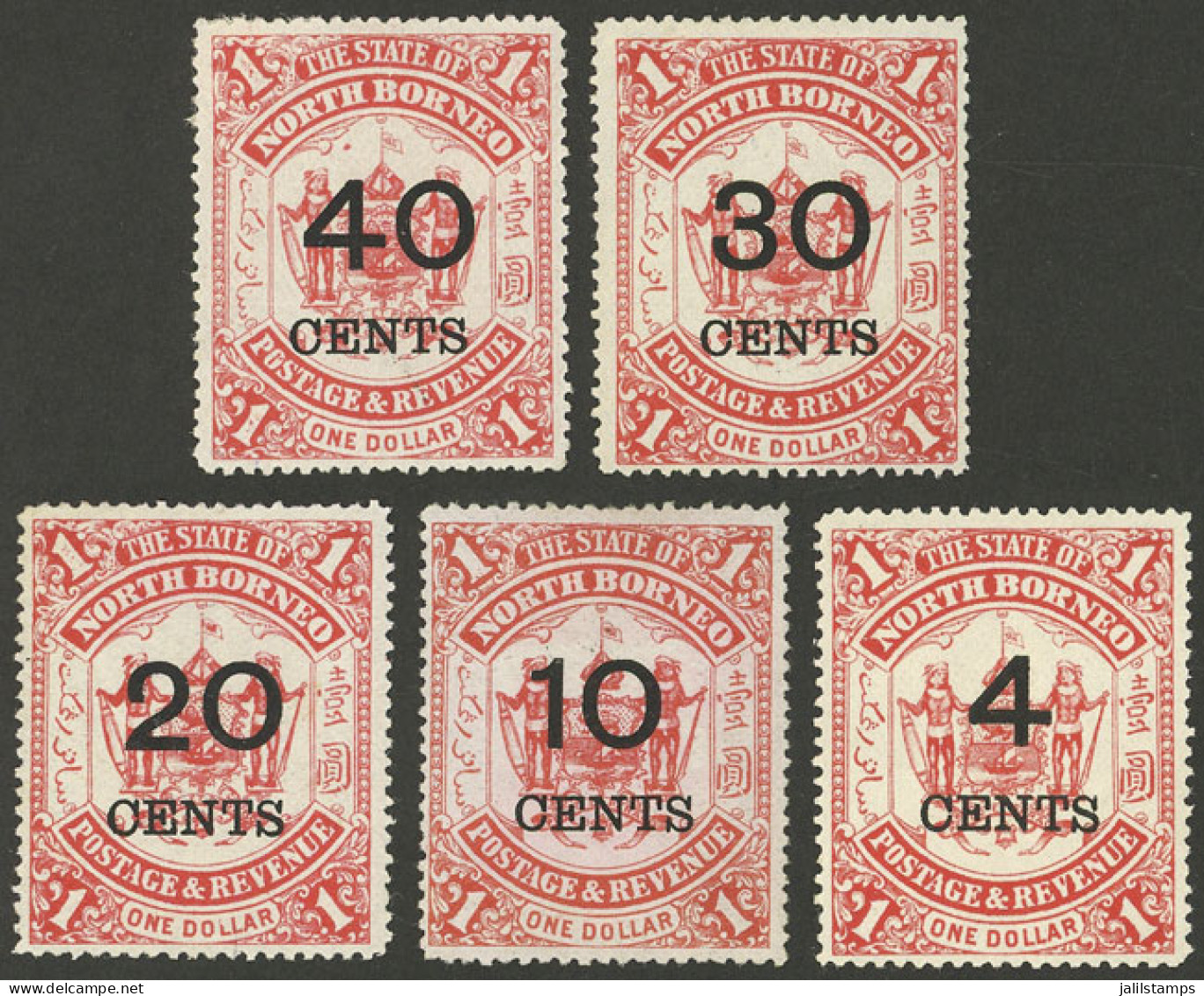 NORTH BORNEO: Sc.74/78, 1895 Complete Set Of 5 Overprinted Values, Mint Lightly Hinged, Very Fresh Gum, Very Fine Qualit - Nordborneo (...-1963)