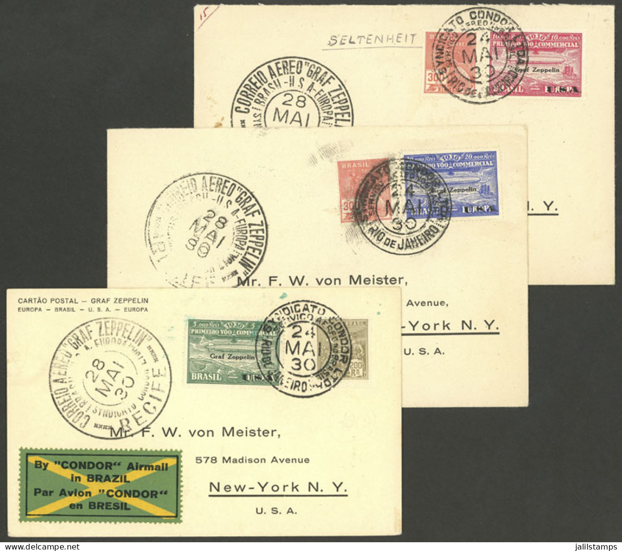 BRAZIL: Sc.4CL8/10 (RHM.Z-7/Z-9), Zeppelin Flight To USA, The Cmpl. Set Of 3 Values On Covers Or Cards Flown From Rio De - Other & Unclassified