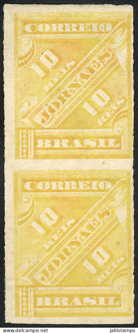 BRAZIL: Sc.P1a (RHM.J-1sph), 1869 10R. Yellow, Pair Rouletted IMPERFORATE BETWEEN, Excellent Quality, RHM Catalog Value  - Other & Unclassified