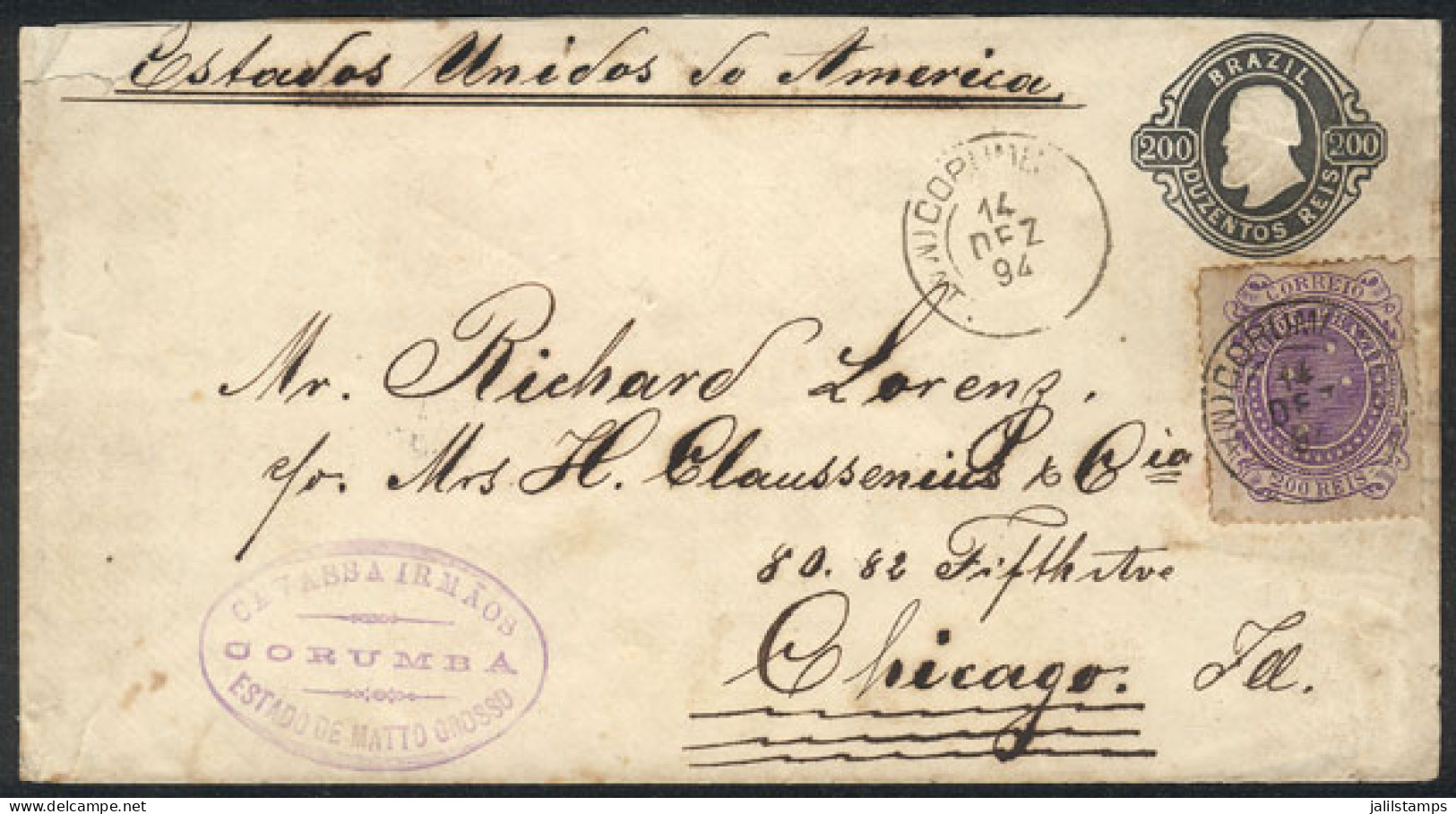 BRAZIL: 200Rs. Stationery Envelope + Sc.103 (total 400Rs.) Sent From Corumba To USA On 14/DE/1894, Handsome! - Other & Unclassified