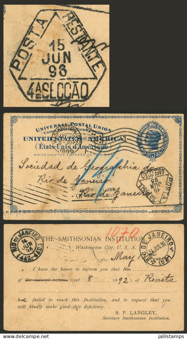 BRAZIL: Postal Card (postal Stationery) Sent From USA To Rio On 12/MAY/1896, It Bears An Interesting "POSTE RESTANTE" Ma - Sonstige & Ohne Zuordnung