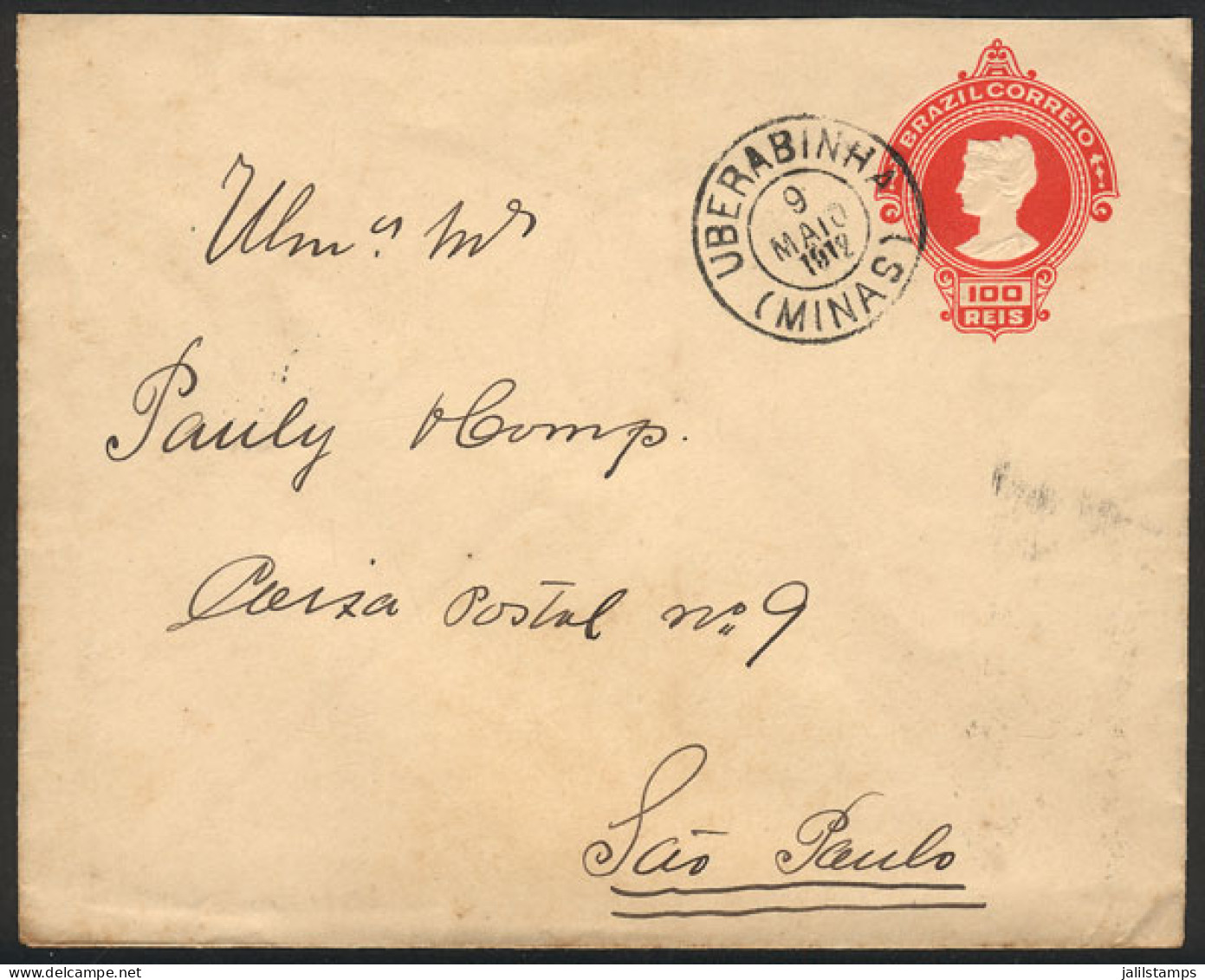 BRAZIL: 100Rs. Stationery Envelope Sent To Sao Paulo On 9/MAY/1912, Nice Postmark Of UBERABINHA (MINAS), VF Quality! - Andere & Zonder Classificatie