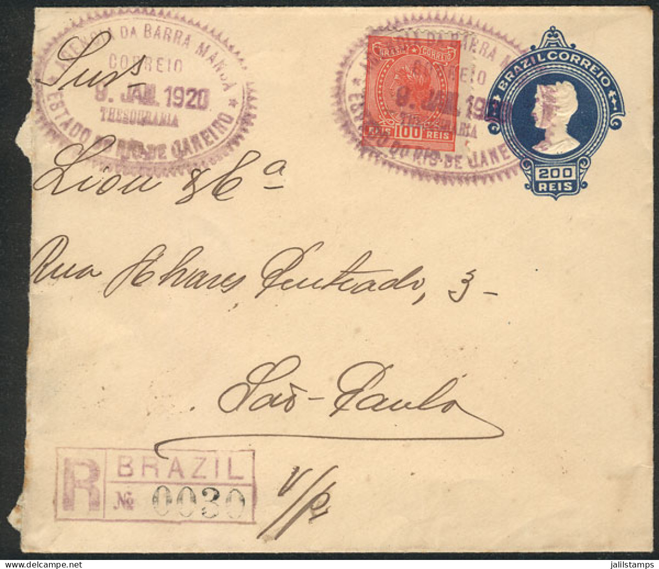 BRAZIL: 200Rs. Stationery Cover + 100Rs. With Rare Postmark Of "AGENCIA DA BARRA MANSA", Sent By Registered Mail To Sao  - Andere & Zonder Classificatie