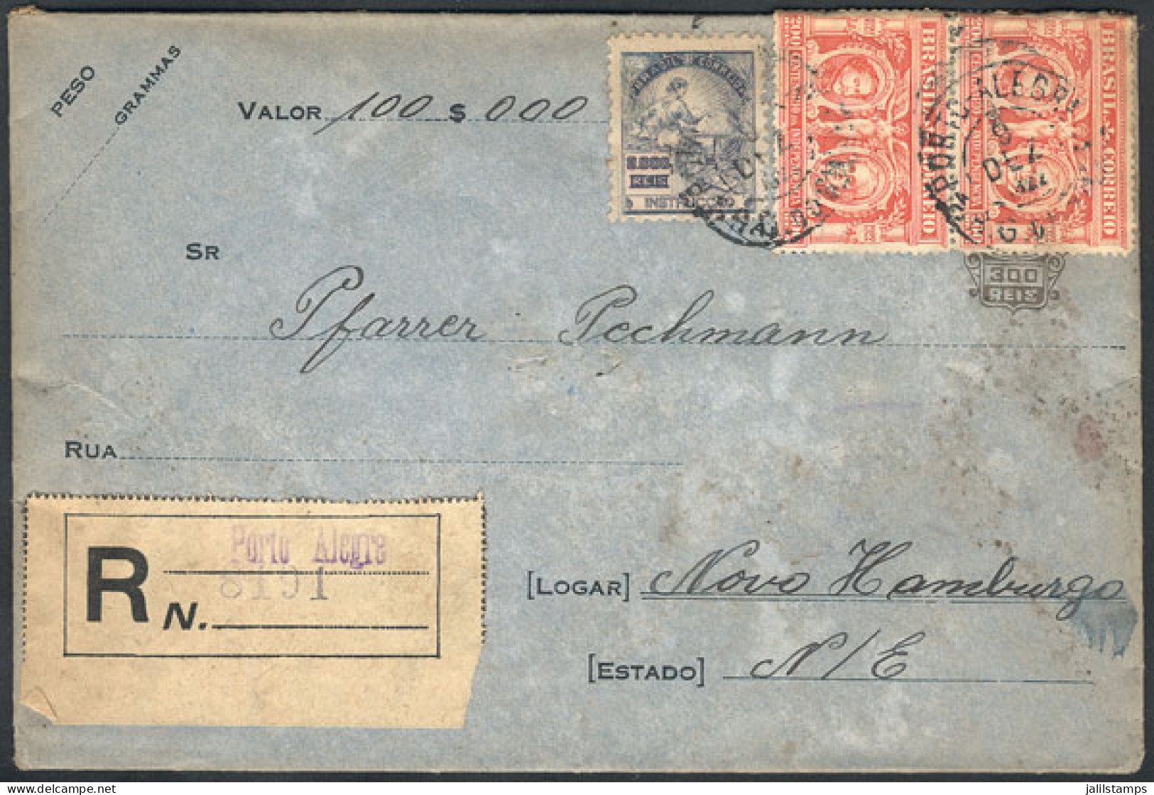 BRAZIL: 300Rs. Stationery Envelope For Declared Value + 2 X200Rs. (Sc.261)+ 2,000Rs (Sc.233), Sent From Porto Alegre To  - Other & Unclassified