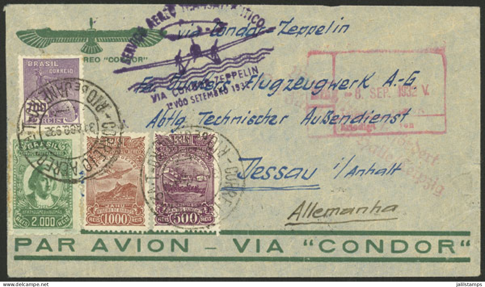 BRAZIL: 31/AU/1932 Rio - Germany, Airmail Cover Sent By Zeppelin, Violet Handstamp Of The Flight, Transit Backstamp Of F - Other & Unclassified