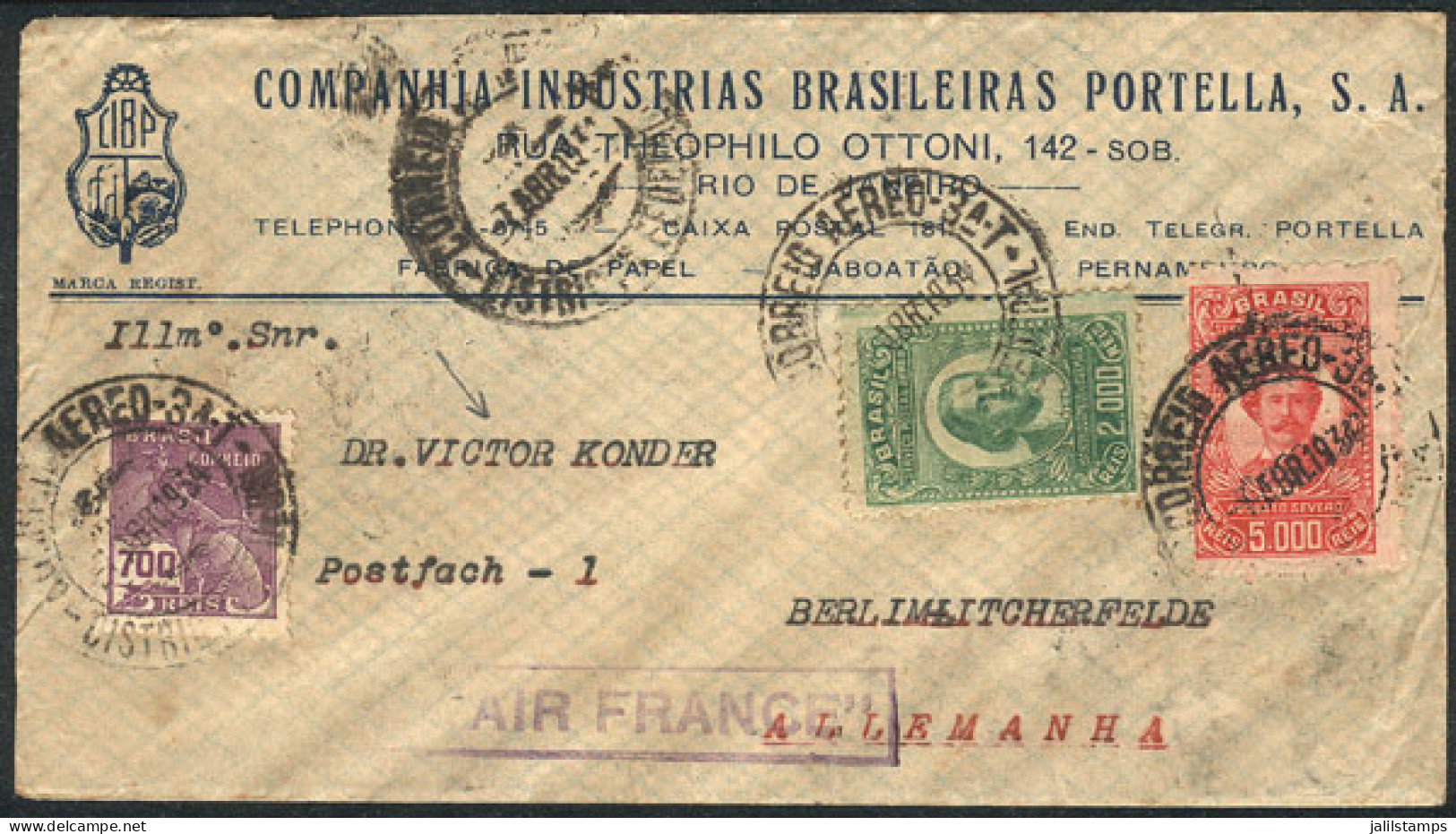 BRAZIL: Airmail Cover Sent Via AIR FRANCE To Germany On 7/AP/1934, To DR. VICTOR KONDER, Franked With 7,700Rs., VF Quali - Other & Unclassified