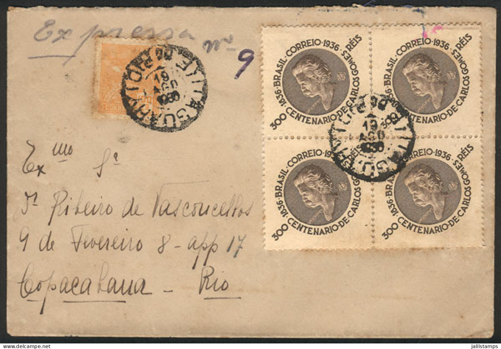 BRAZIL: Express Cover Sent From ITAGUAHY To Rio On 19/AU/1936 Franked With 1,300Rs. Including A Block Of 4 Of RHM.C-106, - Altri & Non Classificati