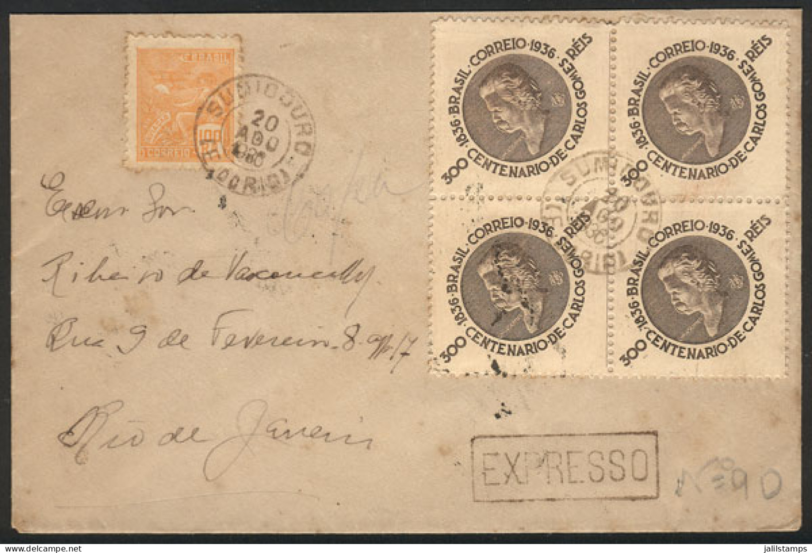 BRAZIL: Express Cover Sent From SUMIDOURO To Rio On 20/AU/1936 Franked With 1,300Rs. Including A Block Of 4 Of RHM.C-107 - Other & Unclassified