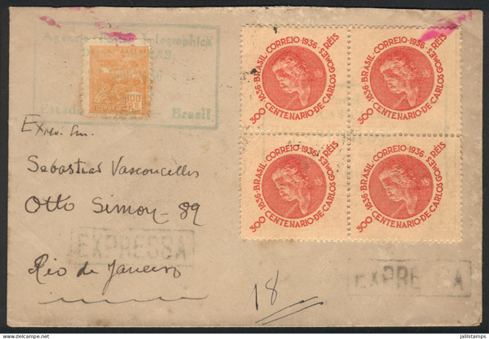 BRAZIL: Express Cover Sent From DUAS BARRAS? To Rio On 21/AU/1936 Franked With 1,300Rs. Including A Block Of 4 Of RHM.C- - Altri & Non Classificati