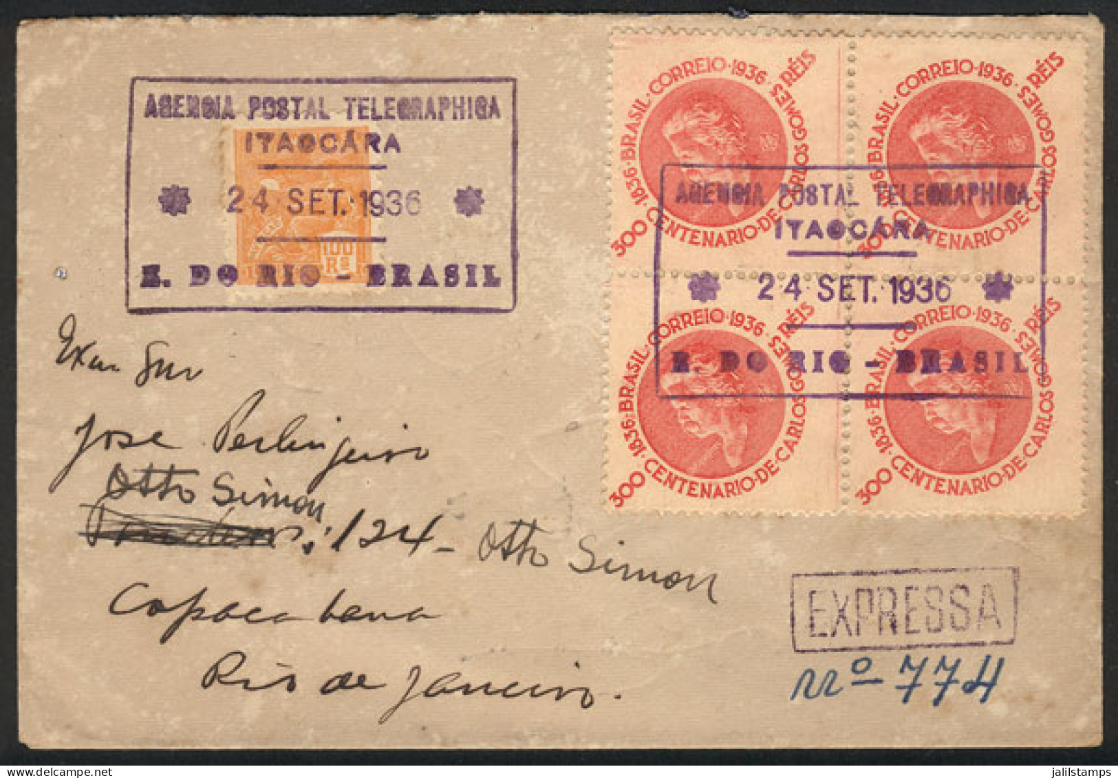 BRAZIL: Express Cover Sent From ITAOCÁRA To Rio On 24/SE/1936 Franked With 1,300Rs. Including A Block Of 4 Of RHM.C-106, - Altri & Non Classificati