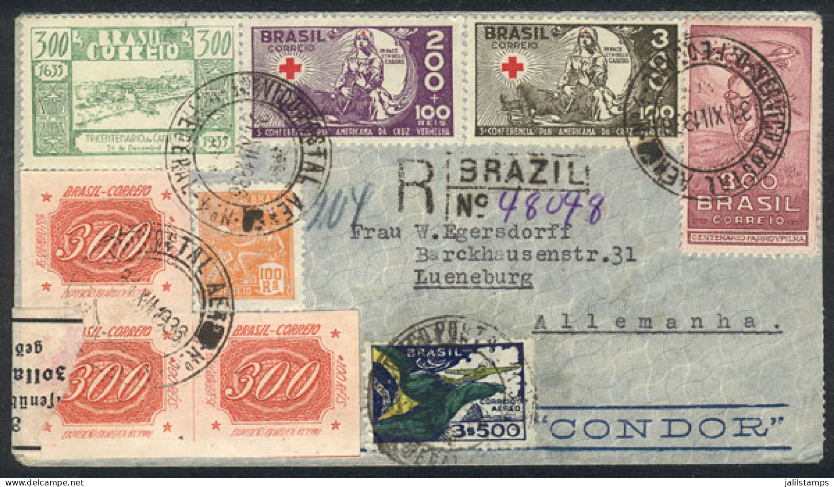 BRAZIL: Registered Airmail Cover With Very Nice Multicolored Postage, Sent From Rio To Germany On 31/DE/1936, Censored A - Altri & Non Classificati