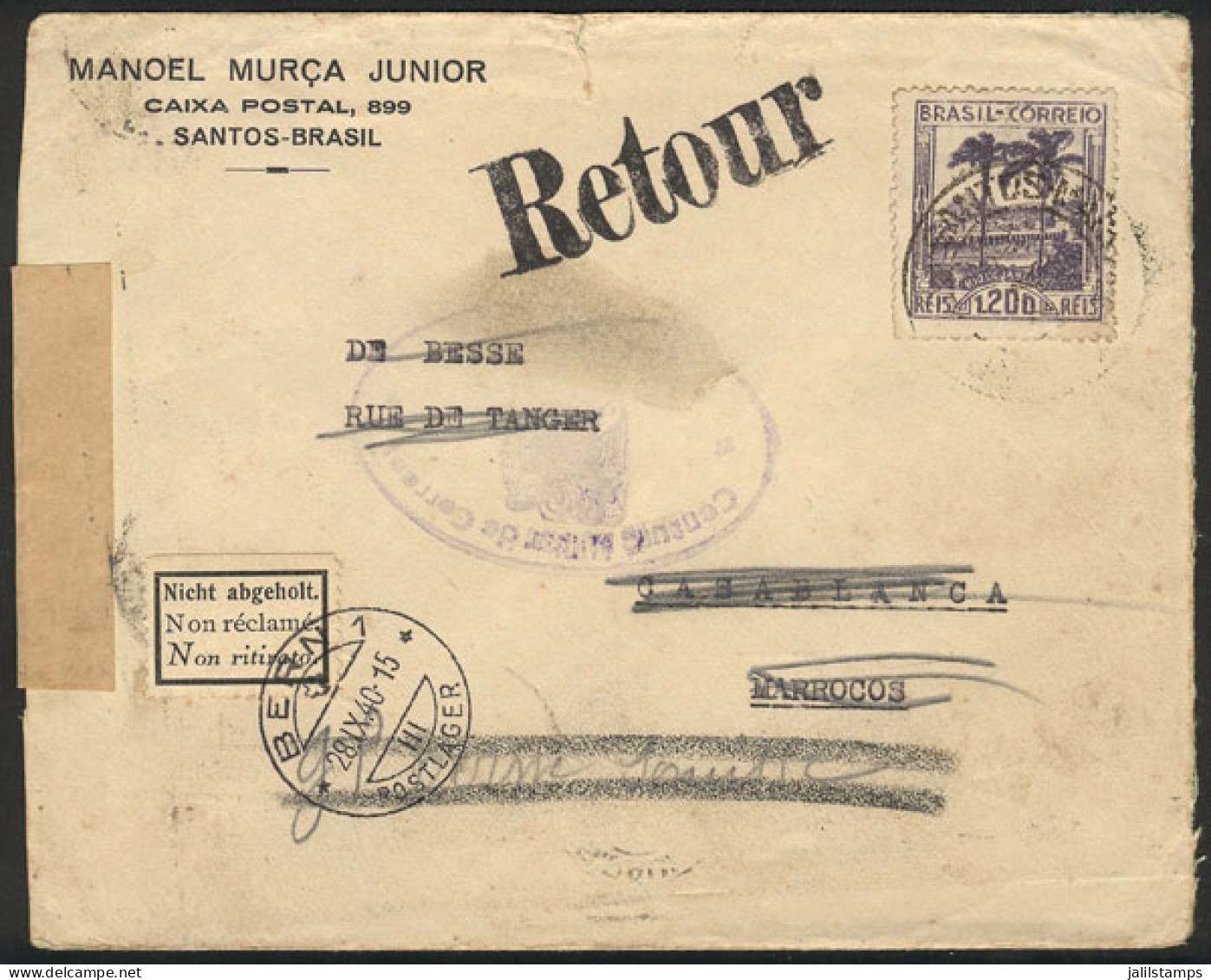BRAZIL: Cover Franked By RHM.C-134 Alone And Sent From Santos To CASABLANCA (MOROCCO). It Bears Transit Marks Of Madrid  - Altri & Non Classificati
