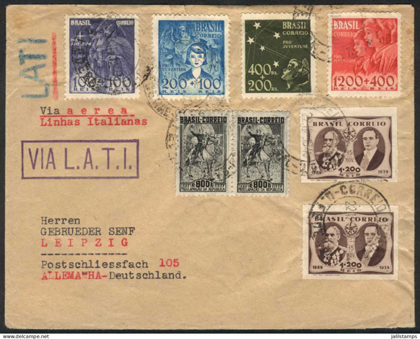 BRAZIL: Airmail Cover Sent By LATI From Rio De Janeiro To Germany On 22/NO/1940, With Spectacular Postage Of 8 Commemora - Altri & Non Classificati