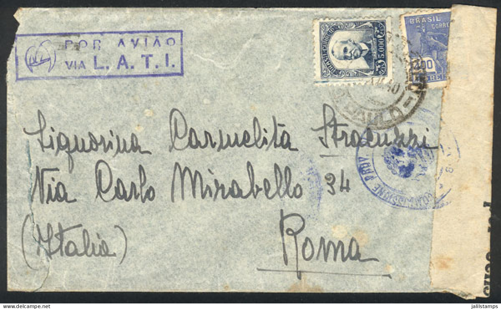 BRAZIL: Airmail Cover Sent By LATI From Sao Paulo To Roma In DE/1940, With Interesting Censor Label Applied At Destinati - Other & Unclassified