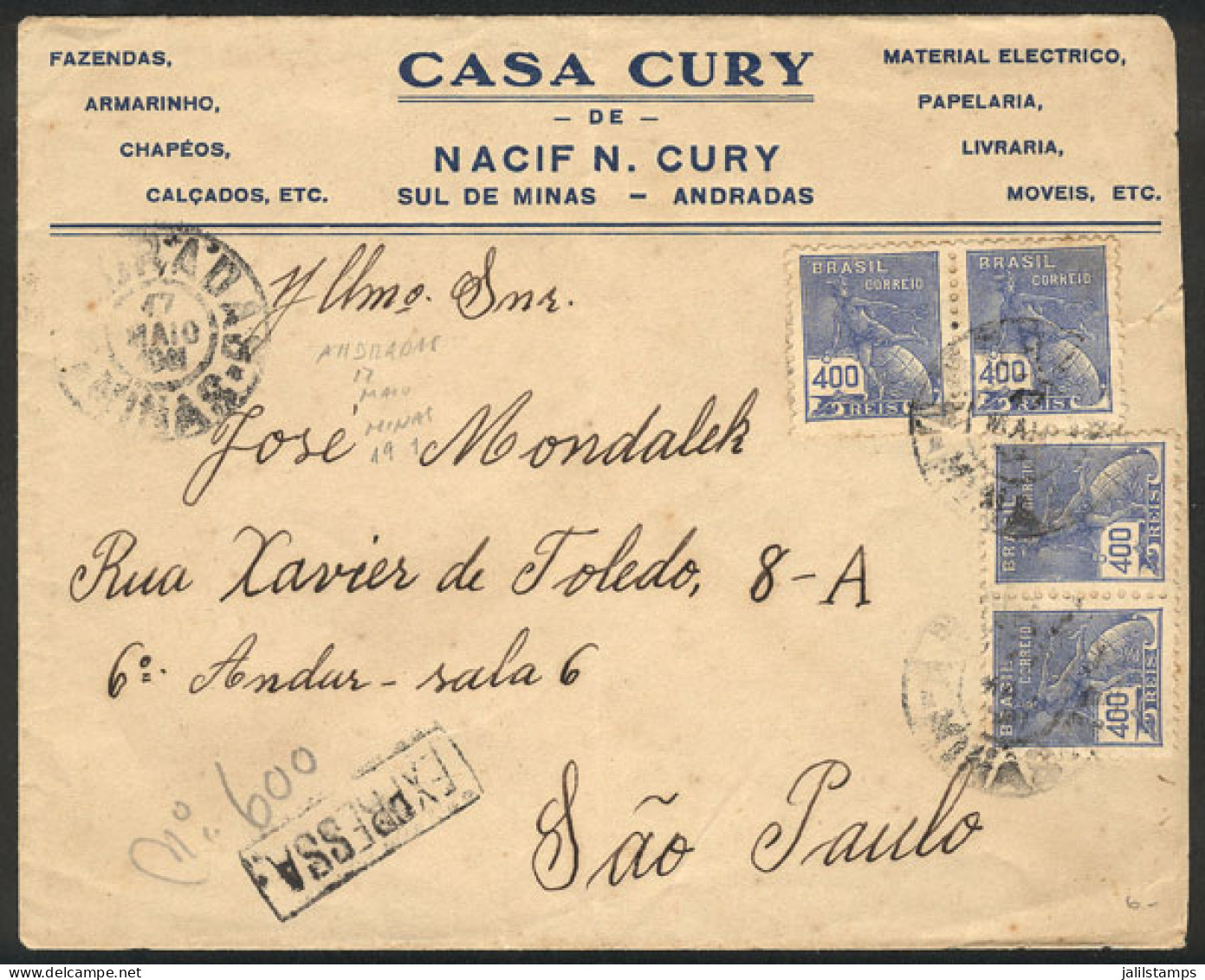 BRAZIL: Express Cover Sent From ANDRADAS To Sao Paulo On 17/MAY/1941, VF Quality! - Other & Unclassified