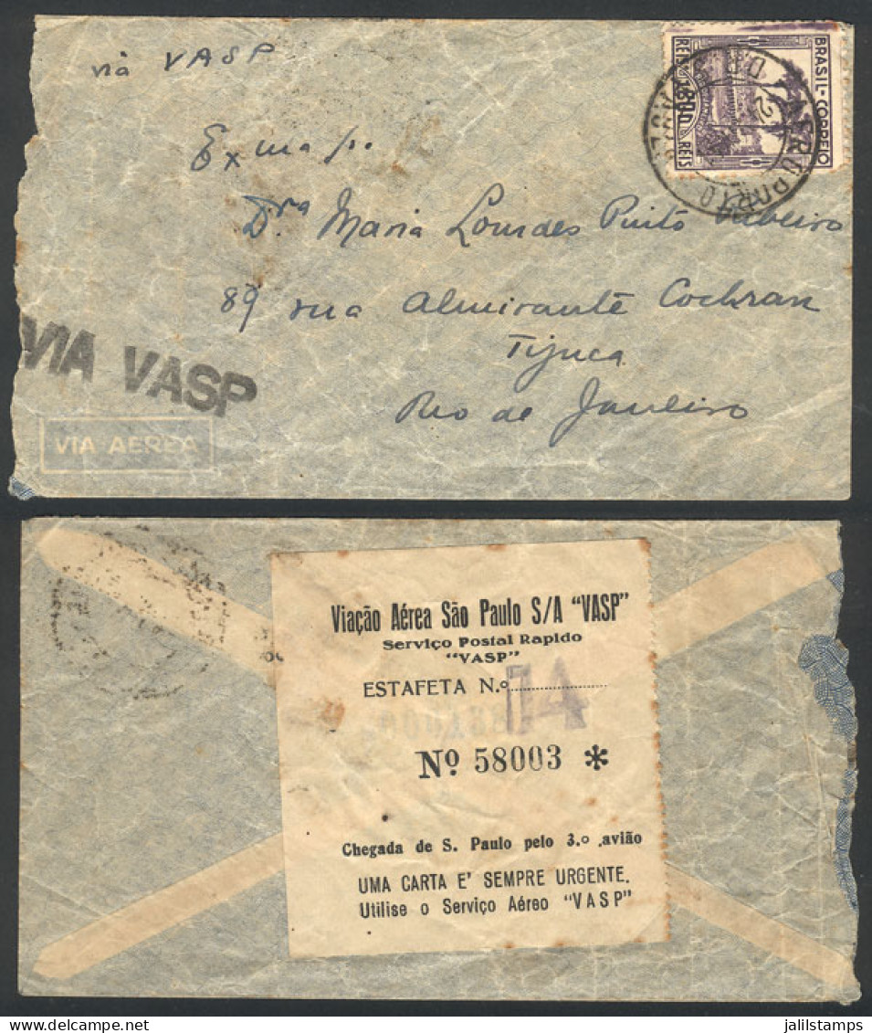 BRAZIL: Airmail Cover Sent From Sao Paulo To Rio On 24/JUL/1941 By VASP, Franked With 1,800Rs., Very Nice! - Autres & Non Classés