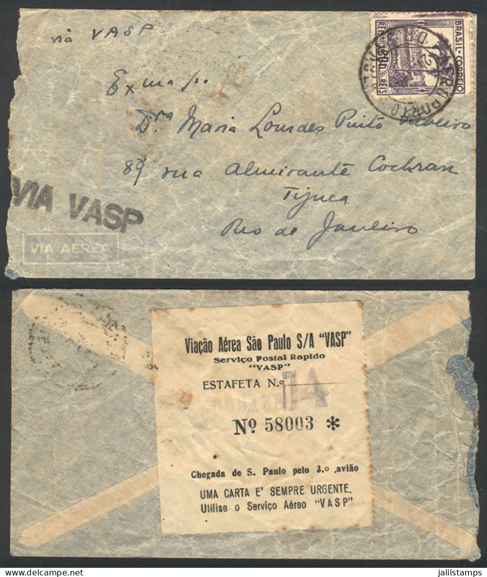 BRAZIL: Airmail Cover Sent From Sao Paulo To Rio On 24/JUL/1941 By VASP, Franked With 1,800Rs., Very Nice! - Sonstige & Ohne Zuordnung