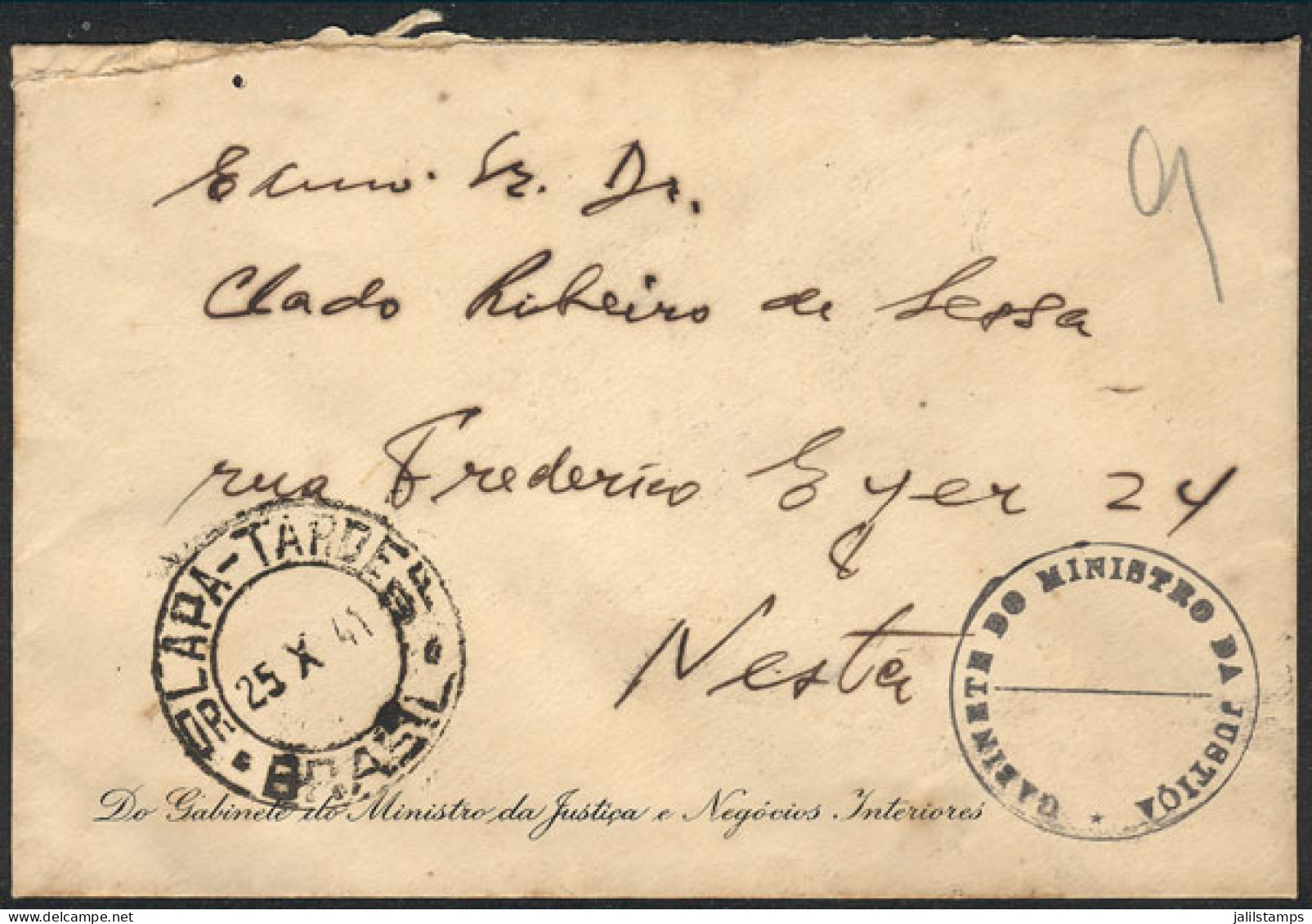 BRAZIL: Official Cover Sent From The "Gabinete Do Ministro Da Justicia", Datestamped LAPA 25/OC/1941, VF Quality!" - Sonstige & Ohne Zuordnung