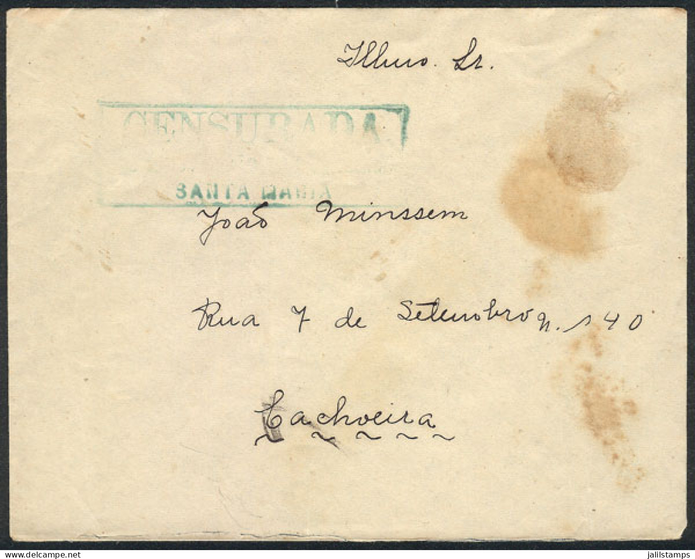 BRAZIL: Cover Sent Stampless And Without Postal Marks To Cachoeira, With Rectangular Green Handstamp: CENSURADA - SANTA  - Autres & Non Classés