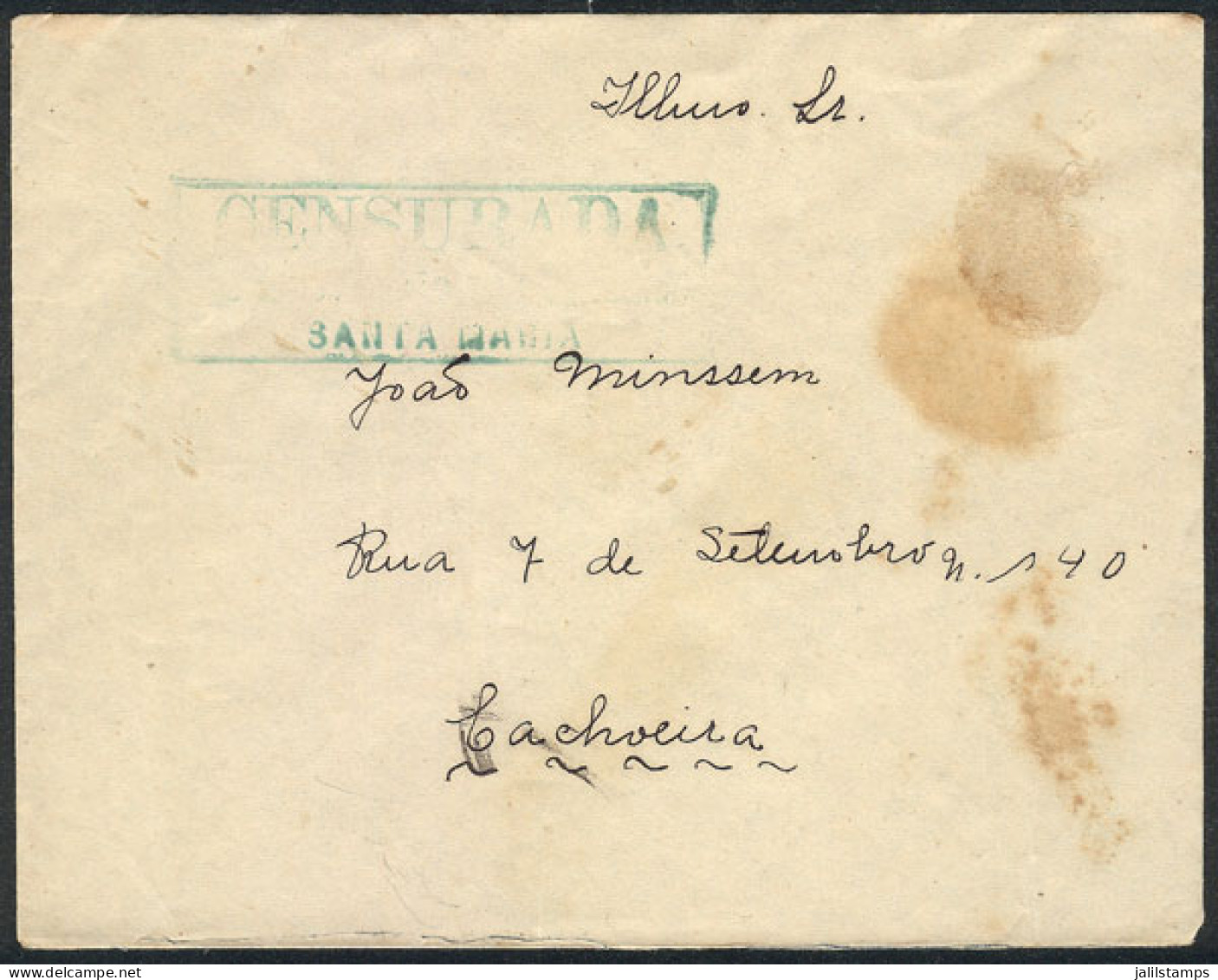 BRAZIL: Cover Sent Stampless And Without Postal Marks To Cachoeira, With Rectangular Green Handstamp: CENSURADA - SANTA  - Altri & Non Classificati