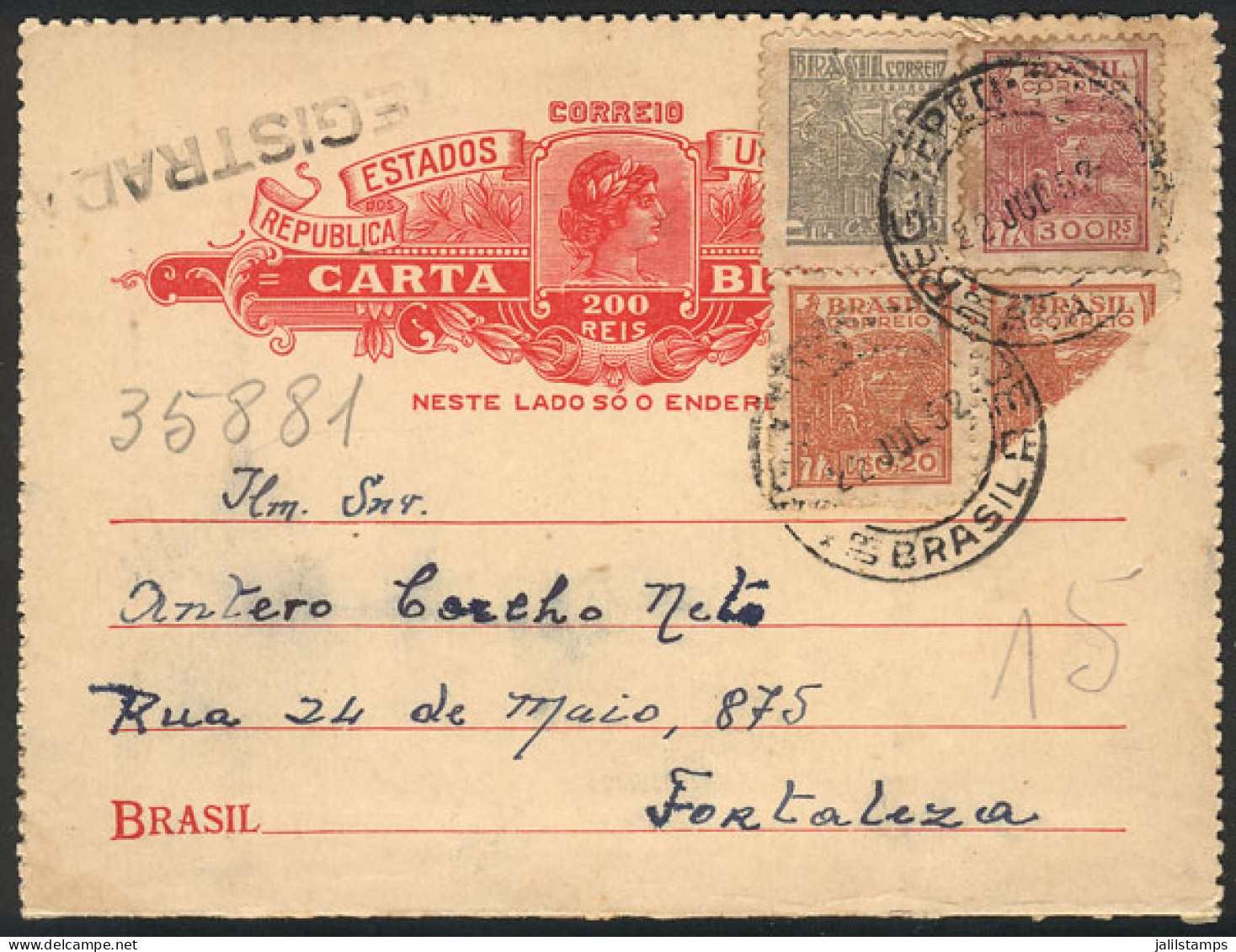 BRAZIL: 200Rs. Lettercard With Interesting Additional Postage That Includes A BISECT Stamp, Sent By Registered Mail To F - Autres & Non Classés