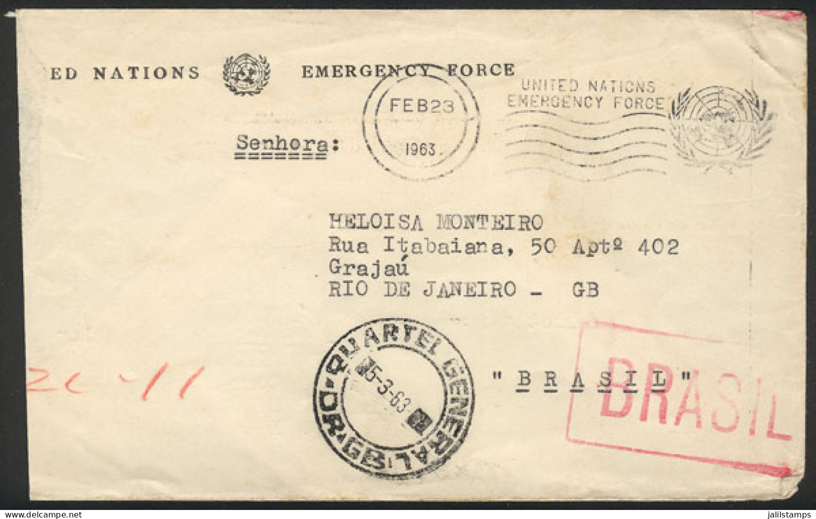 BRAZIL: Cover Sent By A Brazilian Soldier In The UN Emergency Force In The Suez Canal To His Family In Rio De Janeiro On - Sonstige & Ohne Zuordnung
