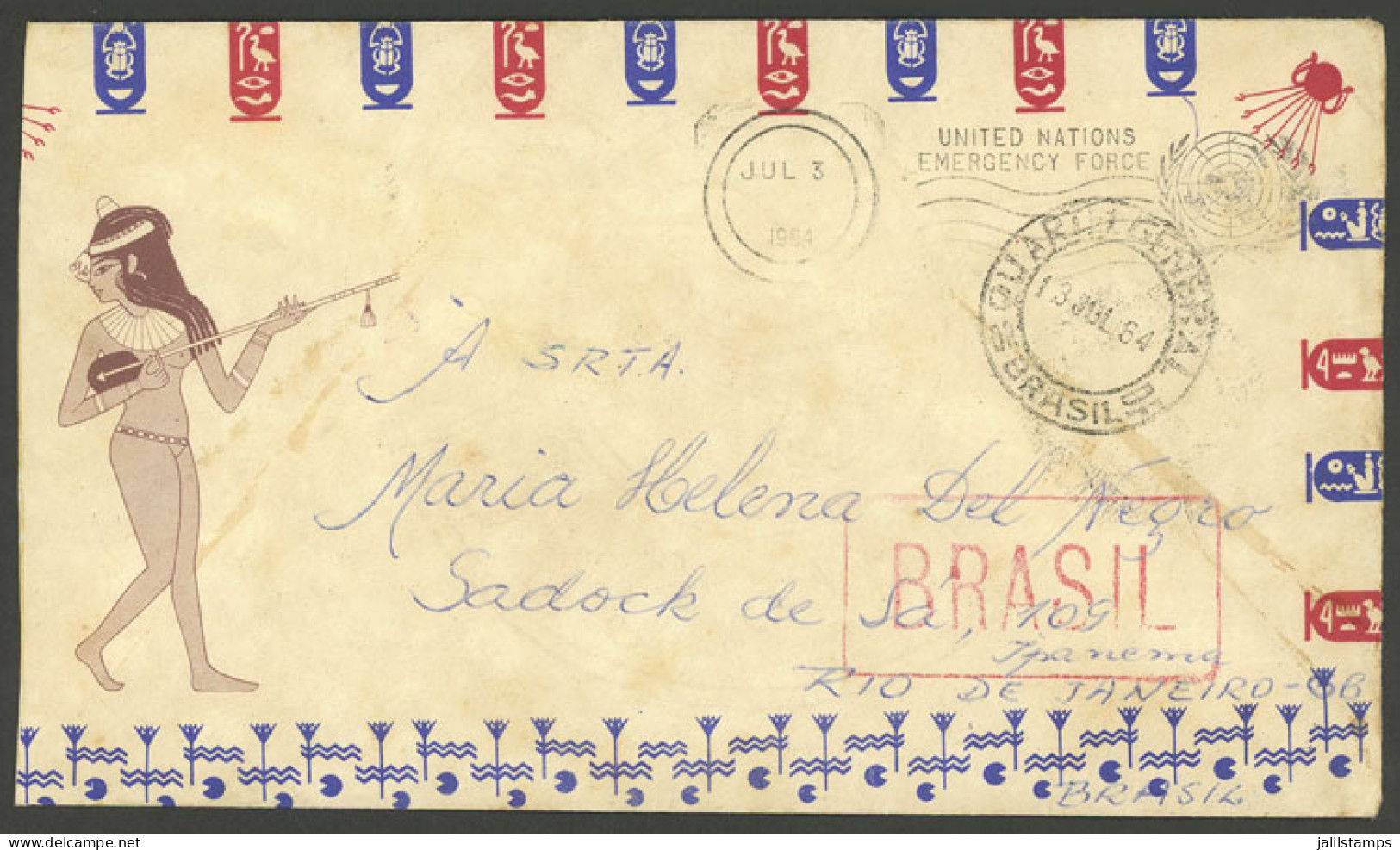 BRAZIL: Cover Posted By A Brazilian Soldier In The UNO Emergency Forces In EGYPT On 3/JUL/1964, To His Family In Rio, Wi - Autres & Non Classés