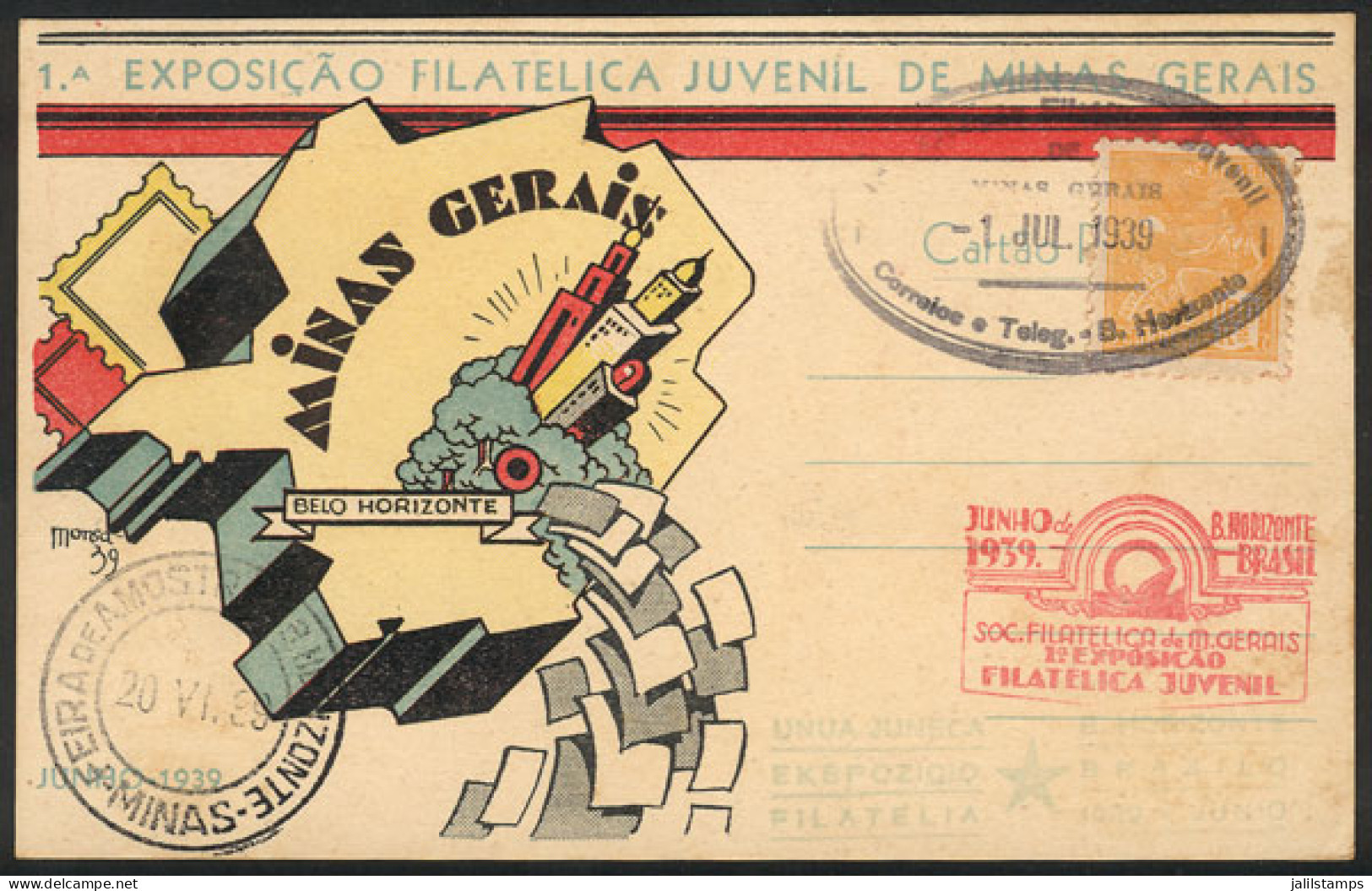 BRAZIL: 1th Youth Stamp Expo Of Minas Gerais, Special Card With Several Special Handstamps And Postmarks Of 1/JUL/1939,  - Autres