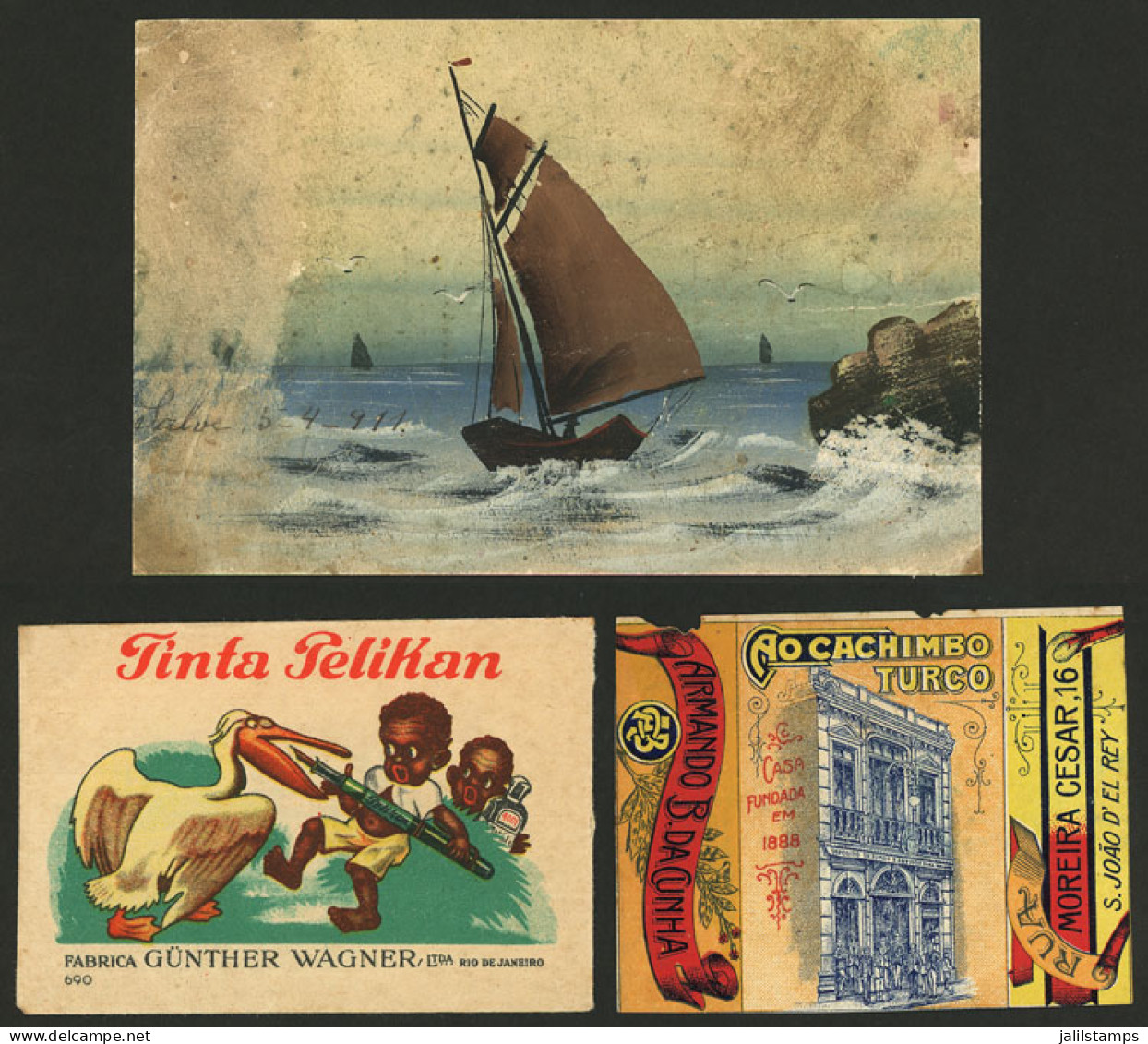 BRAZIL: Varied Lot: A Hand-painted Postcard, An Old Envelope Of Pelikan Ink, And A Label Of "Ao Cachimbo Turco", Some Wi - Sin Clasificación