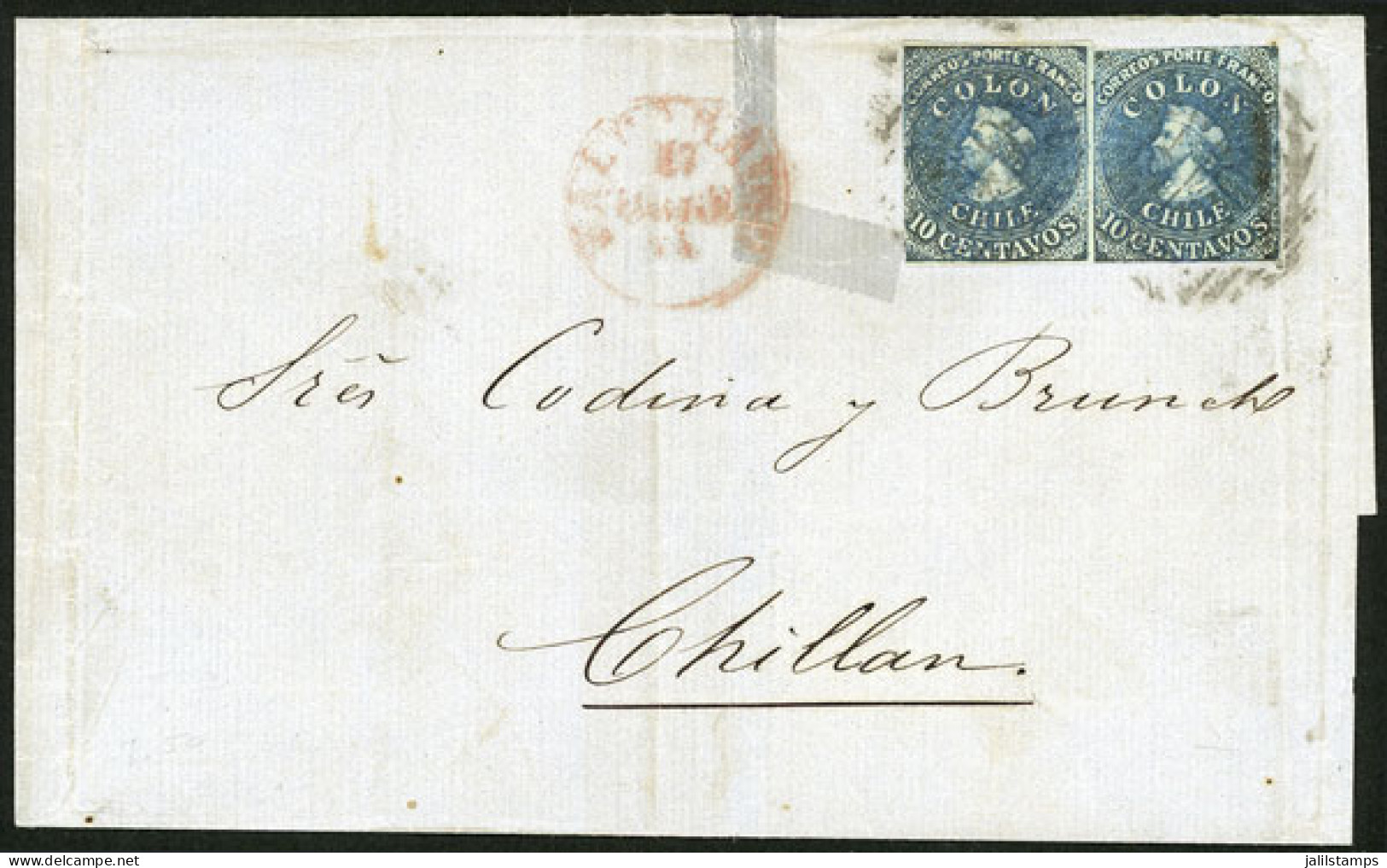 CHILE: 17/DE/1861 Valparaíso - Chillan, Folded Cover Franked With 20c. With Semi-mute Black Cancel Along Red Datestamp,  - Chile