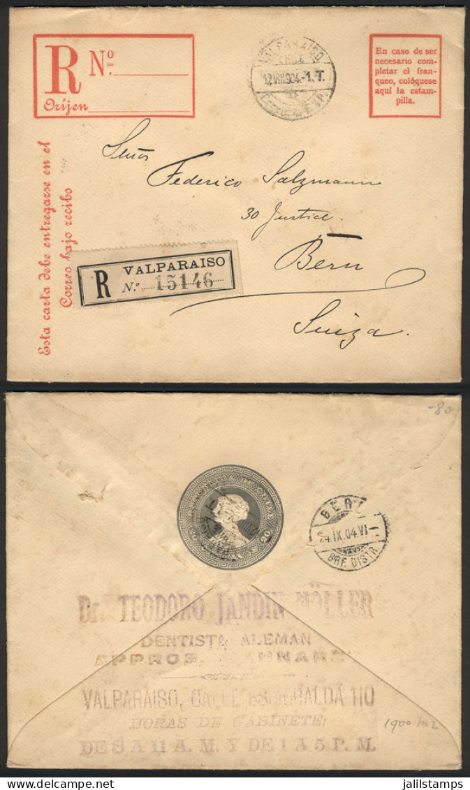 CHILE: 20c. Stationery Envelope For Registered Letters, Sent From Valparaiso To Switzerland On 12/AU/1904, VF Quality! - Cile