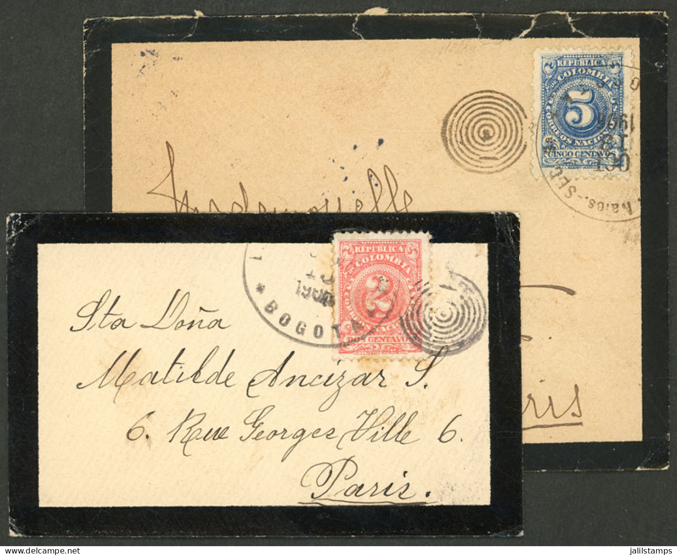 COLOMBIA: Couple Of Mourning Covers Sent From Bogotá To Paris In OC/1906 Franked With 2c. And 5c., Very Nice! - Colombie