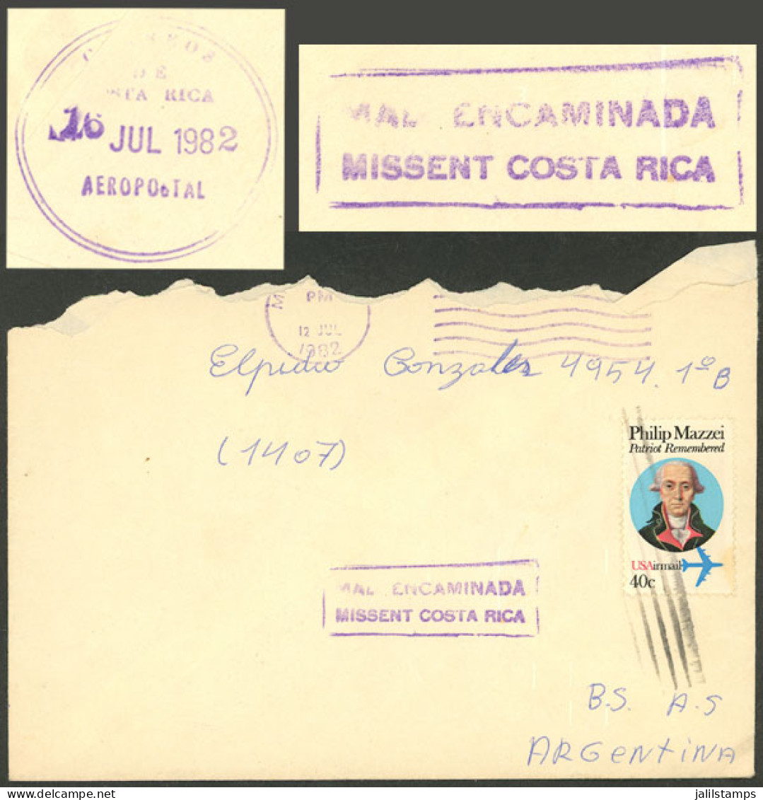 COSTA RICA: UNUSUAL MARK: Cover Sent From Miami (USA) To Argentina On 12/JUL/1982, Carried By Mistake To Costa Rica And  - Costa Rica