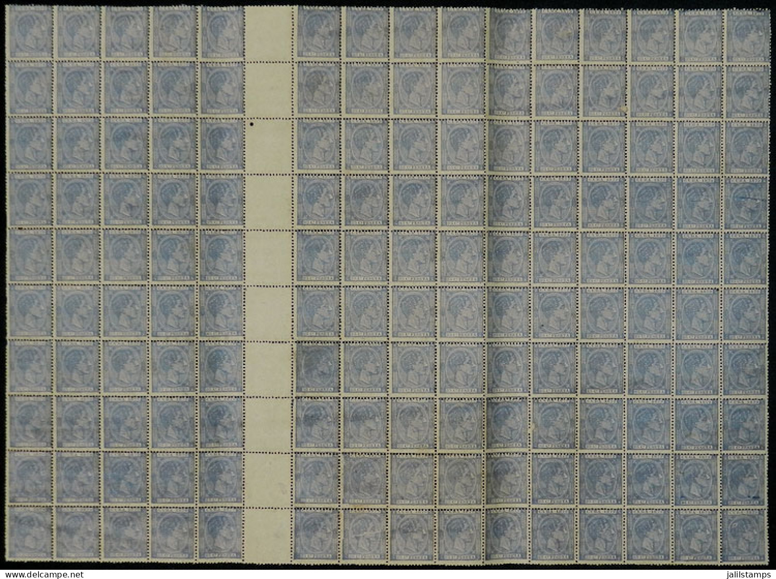 CUBA: Yvert 31, 1879 25c. Ultramarine Gray, Spectacular Block Of 130 Examples Containing 10 Gutter Pairs, With Some Stai - Other & Unclassified