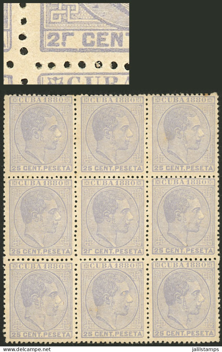 CUBA: Sc.91a, 1880 25c. Bluish Gray, Block Of 9, The Central Stamp With VARIETY: 5 Broken", MNH, VF Quality!" - Autres & Non Classés